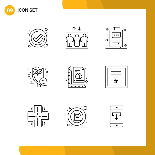 Modern Set Outlines Pictograph Print Ruler Travel Measure Owl Editable — Vector de stock