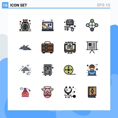Peyzaj, topoloji, dizüstü bilgisayar, ağ, kitap Düzenlenebilir Yaratıcı Vektör Tasarım Elemanları gibi Web Yazdırma Ortamı için 16 Modern Düz Renk İşaretleri ve Sembolü Paketi