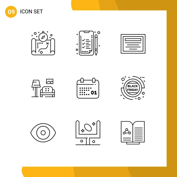 9ユーザーインターフェイスの概要現代的なサインと販売割引のシンボルのパック ノート カレンダー ギャラリー編集可能なベクトルデザイン要素 — ストックベクタ