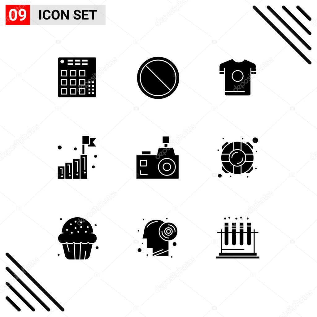 Modern Set of 9 Solid Glyphs Pictograph of camera, startup, stop, growth, spring Editable Vector Design Elements