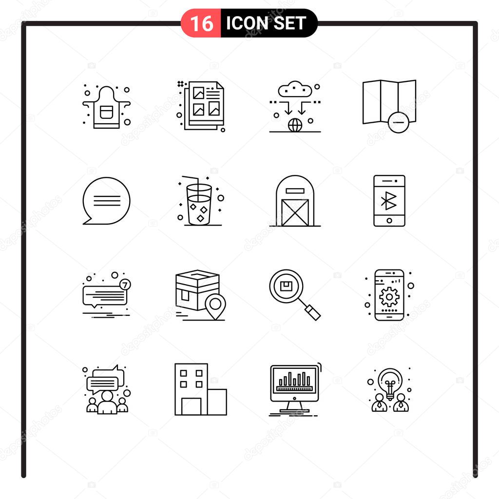 Modern Set of 16 Outlines and symbols such as drink, messages, connect, conversation, map Editable Vector Design Elements