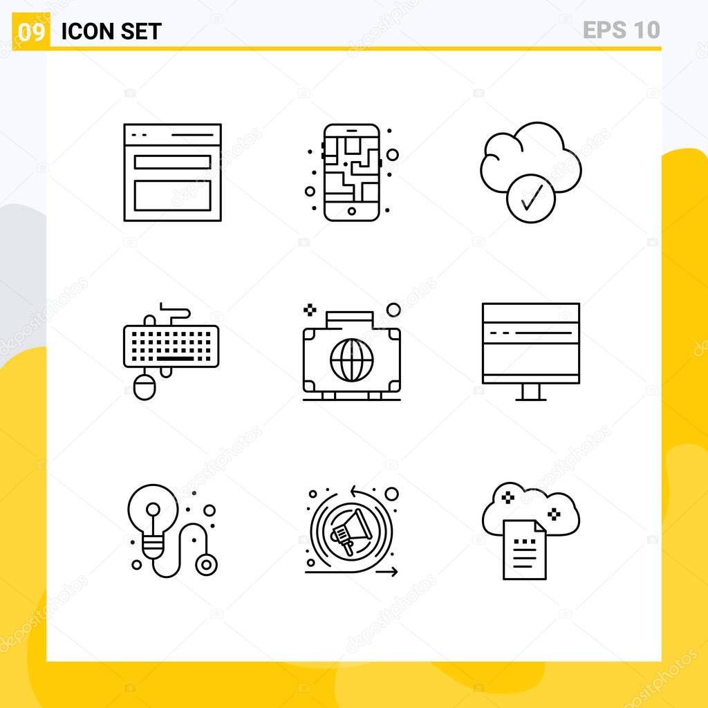 9 Universal Outlines Set for Web and Mobile Applications baggage, obsolete, cloud, mouse, interface Editable Vector Design Elements