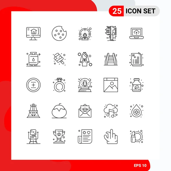 Kreativních Ikon Moderní Značky Symboly Vaření Nahrávání Cíl Notebook Fyzika — Stockový vektor