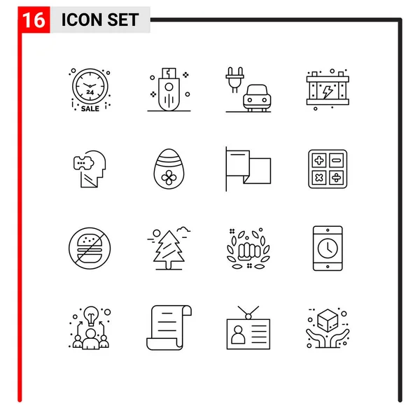 16個のモダンなUiアイコンのセット心 バッテリー ストレージ 電気のための記号編集可能なベクトルデザイン要素 — ストックベクタ