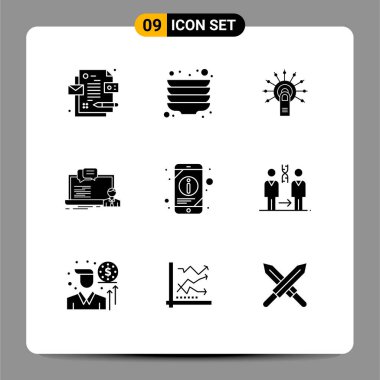 Katı 9 Evrensel Semboller Glyph Paketi Mobil, sohbet, tamam, bilgisayar, rota Düzenlenebilir Vektör Tasarım Elemanları