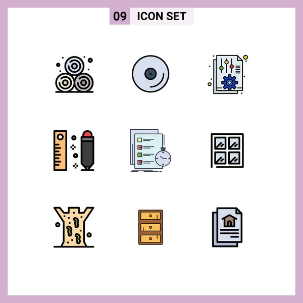 Filledlineフラットカラータスク ファイル 図面の9ユニバーサルシンボルのパック編集可能なベクトルデザイン要素 — ストックベクタ