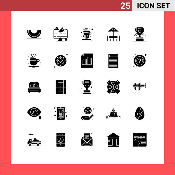 Pack of 25 Modern Solid Glyphs Signs and Symbols for Web Print Media such as award, furniture, megaphone, dinner, infusion Editable Vector Design Elements