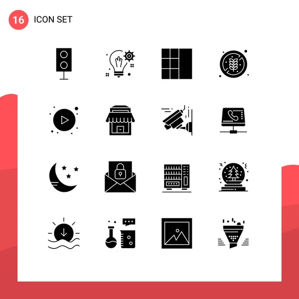 Mobile Interface Solid Glyph Set Pictograms Play Rice Gear Health — 스톡 벡터