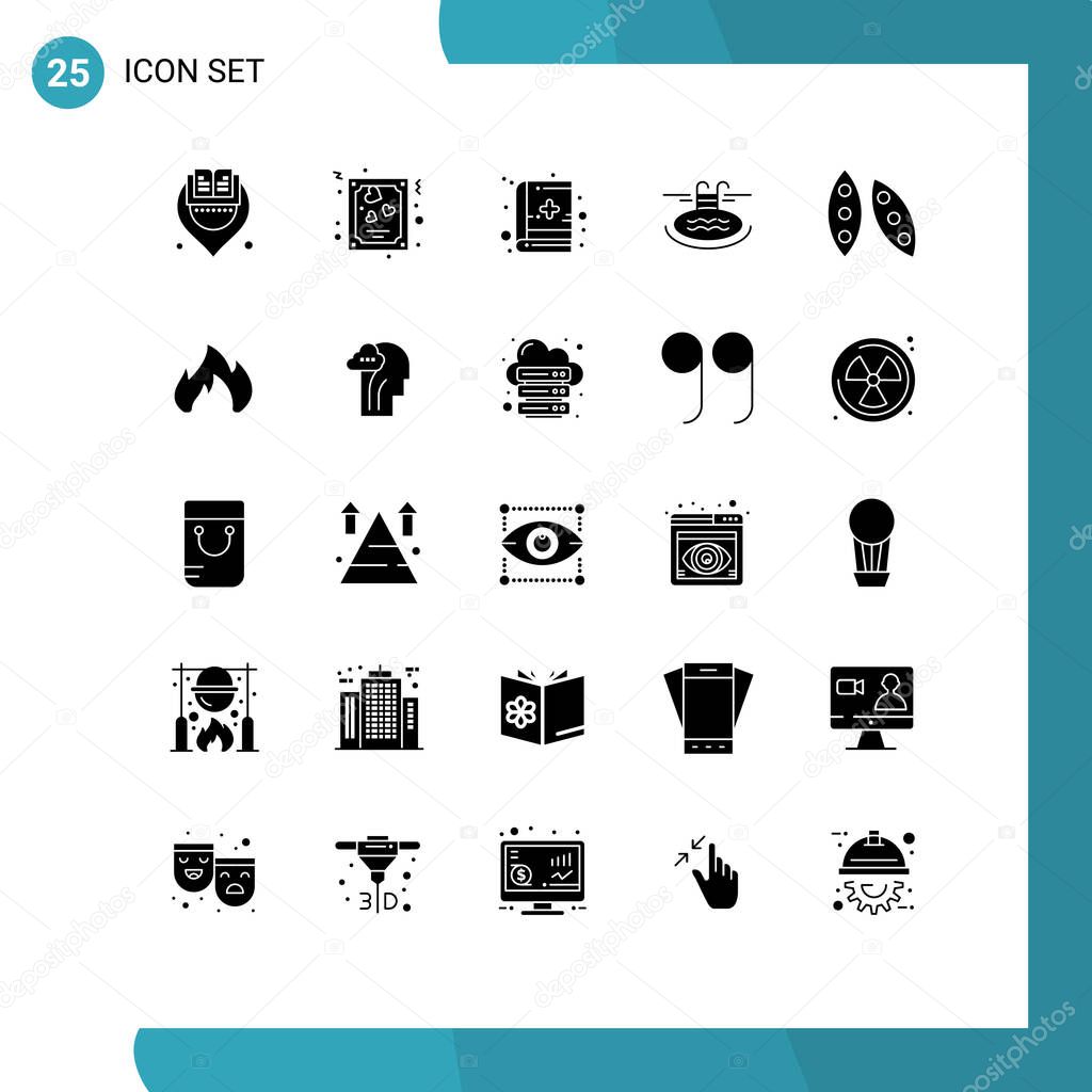 25 Thematic Vector Solid Glyphs and Editable Symbols of food, bean, book, serves, pool Editable Vector Design Elements