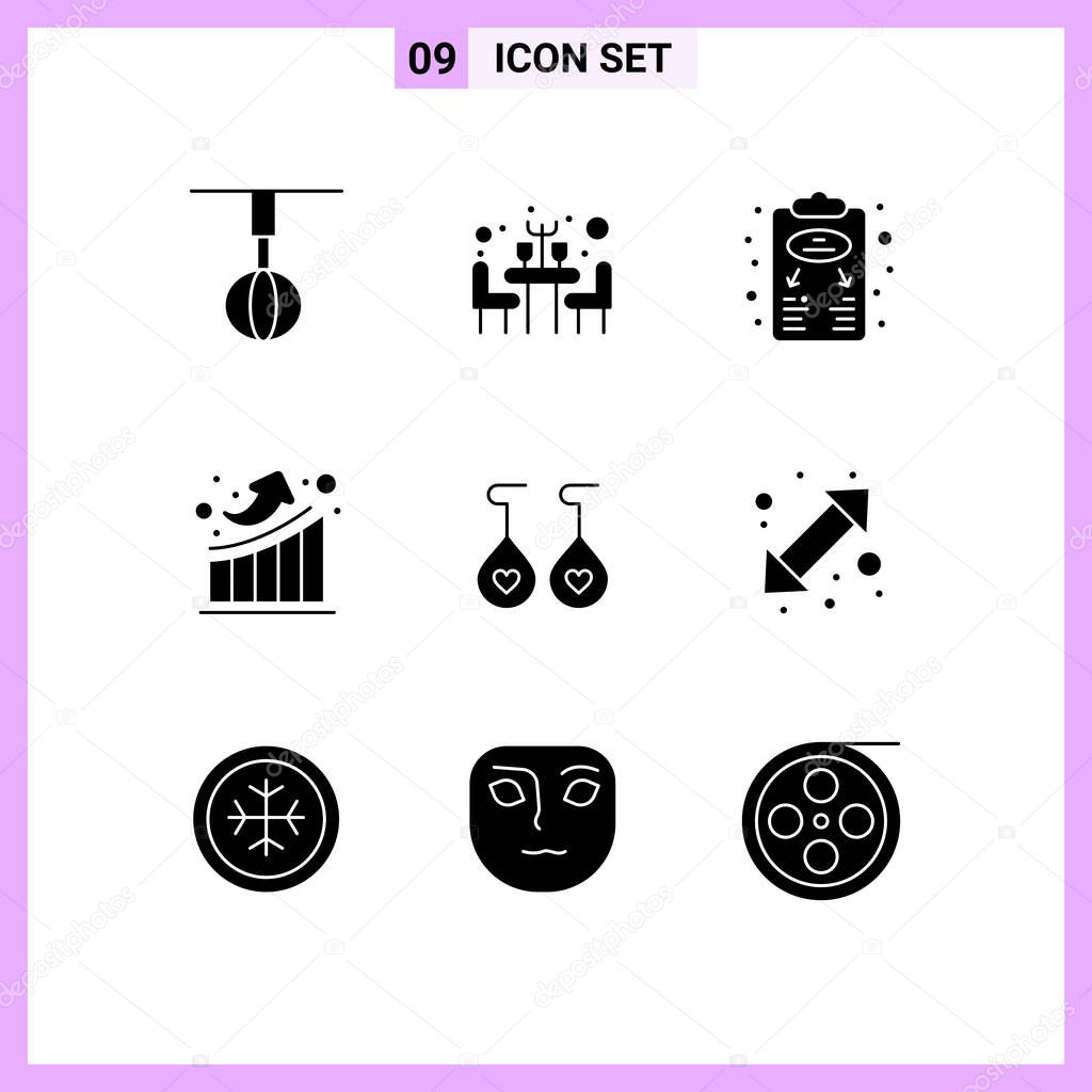 Pictogram Set of 9 Simple Solid Glyphs of earing, statistics, business plan, growth, scheme Editable Vector Design Elements