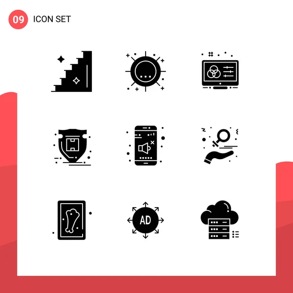 Pictogram Set Van Eenvoudige Solid Glyphs Schild Creatief Bescherming Ontwerper — Stockvector