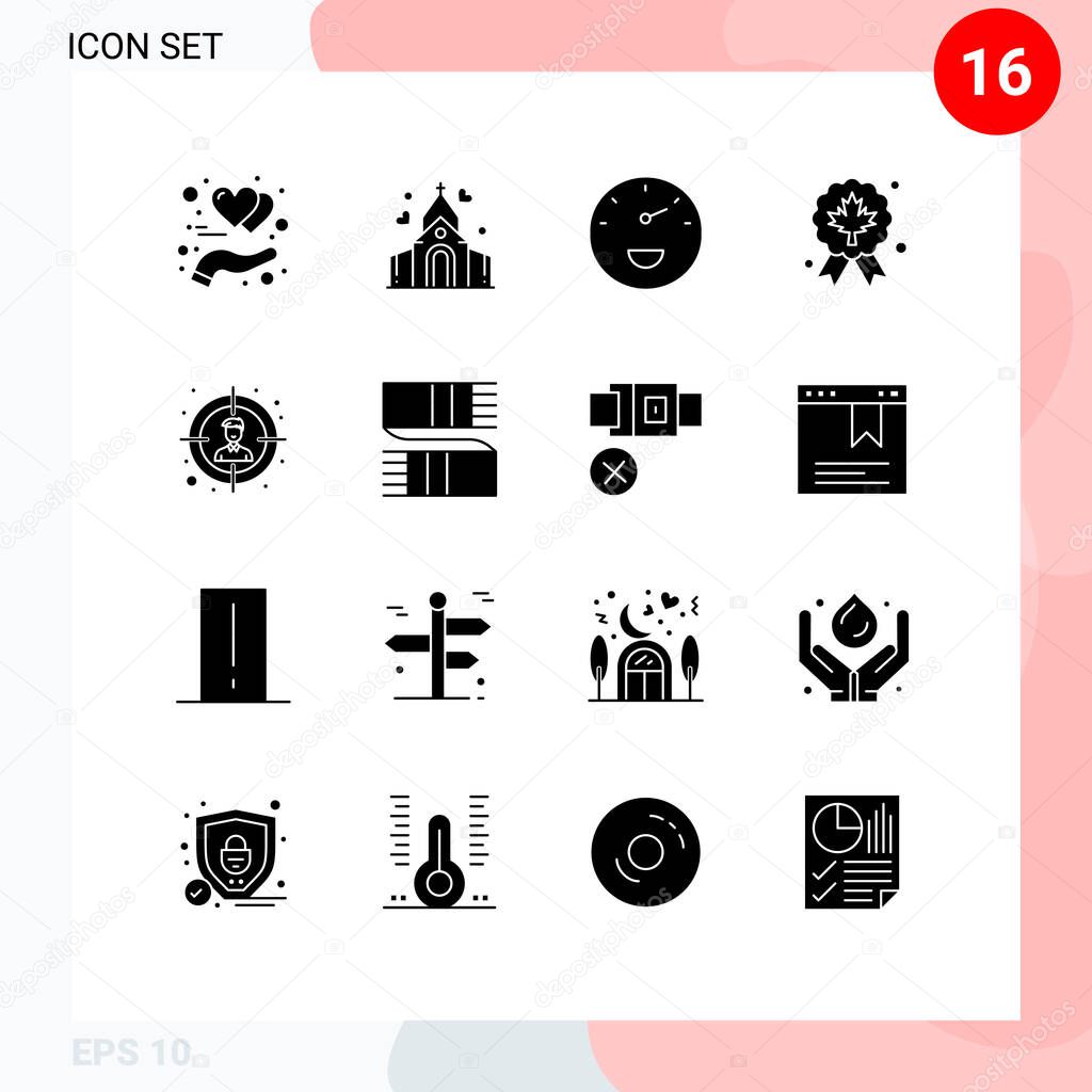 16 Thematic Vector Solid Glyphs and Editable Symbols of user, audience, gauge, quality, award Editable Vector Design Elements