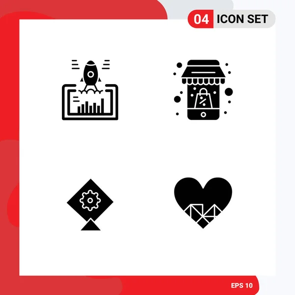 Mobile Interface Solid Glyph Set Pictograms Launch Kite Starch Online — 스톡 벡터