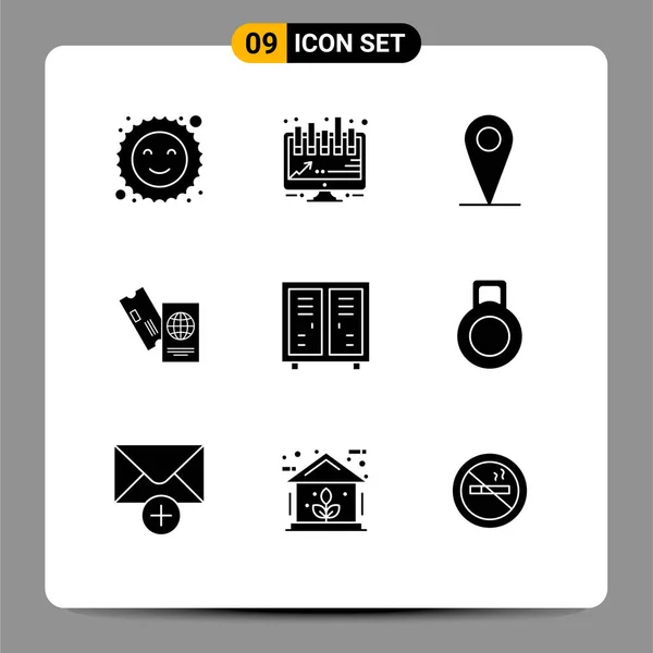 储物柜 运动员 旅游可编辑向量设计元素的9组实体字形符号及符号 — 图库矢量图片