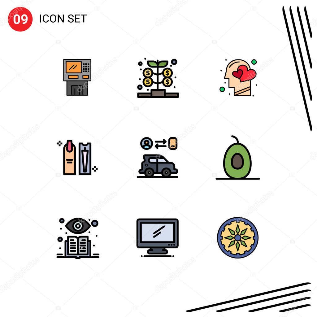 Set of 9 Modern UI Icons Symbols Signs for beauty, heart, fund, head, emotions Editable Vector Design Elements