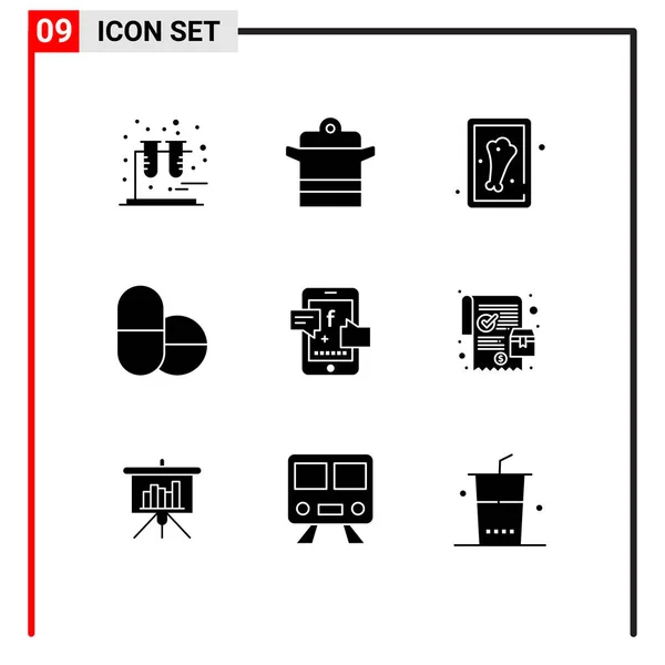 Set Glifi Solidi Commerciali Cellulare Promozione Socil Pollo Sociale Compresse — Vettoriale Stock