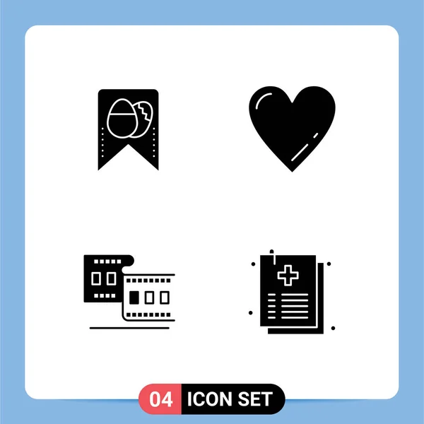 Modern Set Solid Glyphs Pictograph Tag Strip Heart Camera Healthcare — Stock Vector