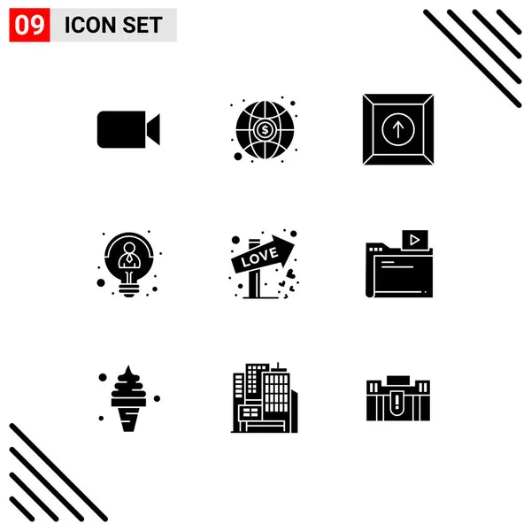 Mobile Interface Solid Gyph Set Pictograms Date Love Product Direction — Archivo Imágenes Vectoriales