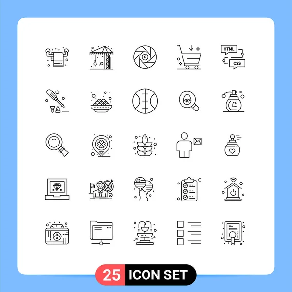 モバイルインターフェースライン25枚セット開発 コーディング エンターテイメント カートの写真編集可能なベクトルデザイン要素 — ストックベクタ