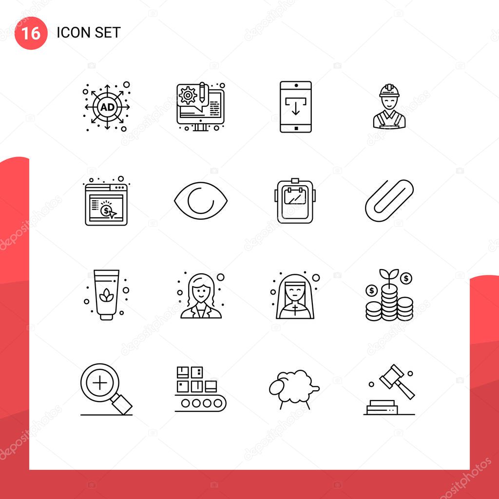 Set of 16 Modern UI Icons Symbols Signs for cpc, construction, data, carpenter, worker Editable Vector Design Elements