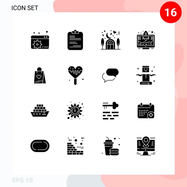 Universal Solid Glyphs Set Web Mobile Aplicações Amor Foguete Casa —  Vetores de Stock