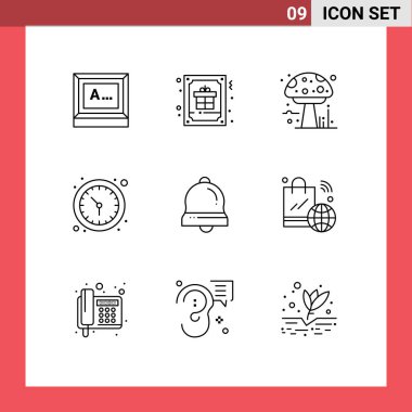 Çan, saat, selamlama, zaman, zehir düzenlenebilir vektör tasarım elementlerinin modern 9 Özet Kümesi