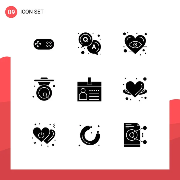 Set Commercial Solid Glyphs Pack Document Badge Heart Metal Chinese — Vector de stock