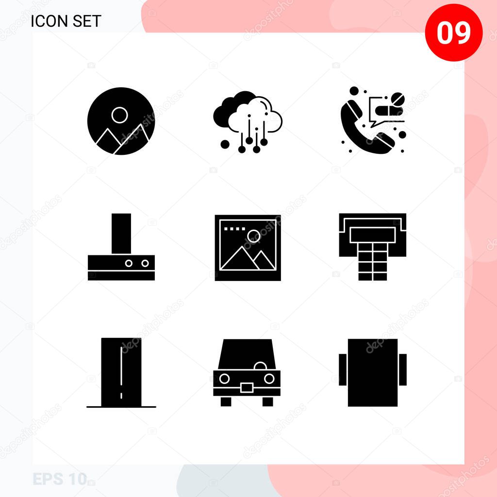 Solid Glyph Pack of 9 Universal Symbols of sport, photo, emergency, media, kitchen Editable Vector Design Elements