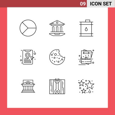 9 Evrensel Sosis Sembolleri Özeti, konum kodu, eğitim, çevrimiçi taksi rezervasyonu, Yağ Düzenlenebilir Vektör Tasarım Elementleri