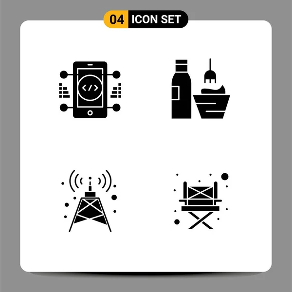 Set Commercial Solid Glyphs Pack Coding Antenna Web Grooming Tower — Vector de stock