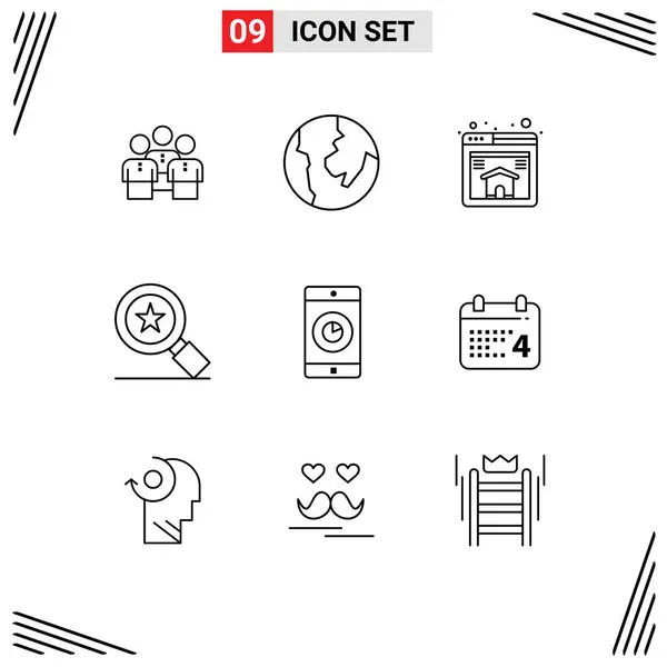 Pictogram Set Simple Outlines Mobile Application Application Map Badge Achievements — Stock Vector