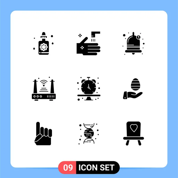 Group Solid Glyphs Signs Symbols Wristwatch Clock Bell Wifi Router — Stock Vector