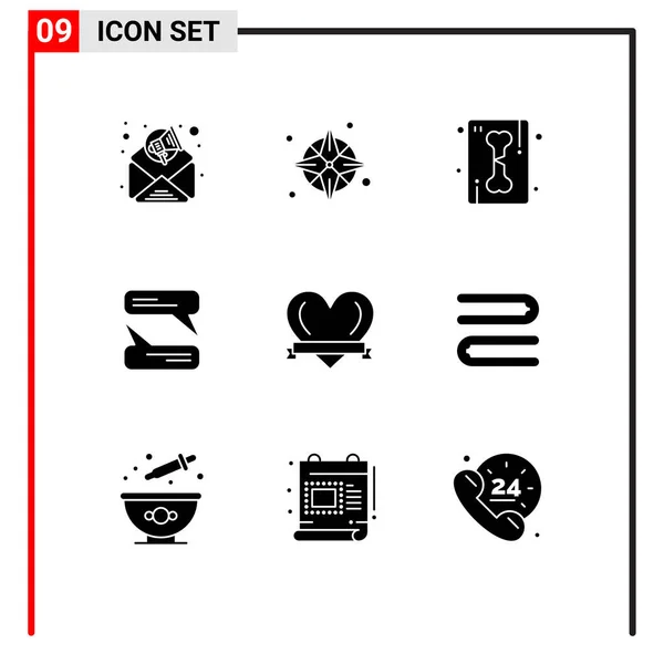 9ユーザーインターフェイス現代的な記号と記号の固体グリフパッククリーン ライン ハート メッセージの編集可能なベクトルデザイン要素 — ストックベクタ