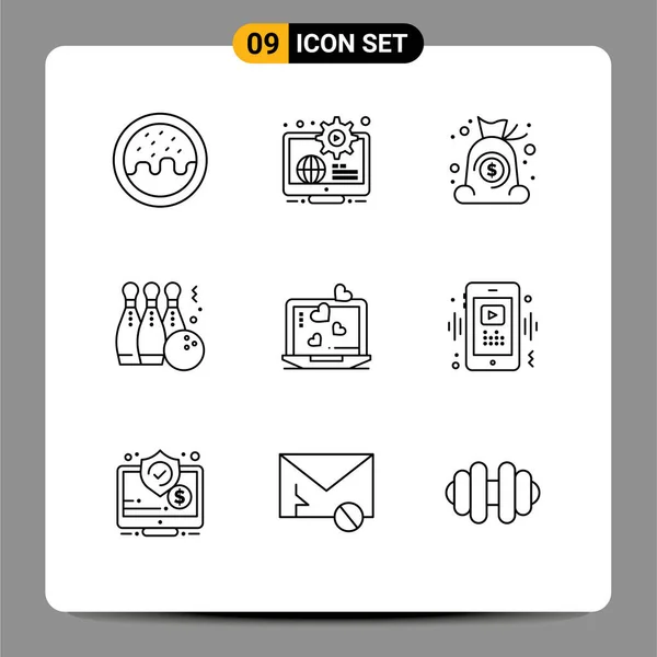 Set Modern Icons Symbols Signs Laptop Sport Bag Ball Bowling — Stock Vector