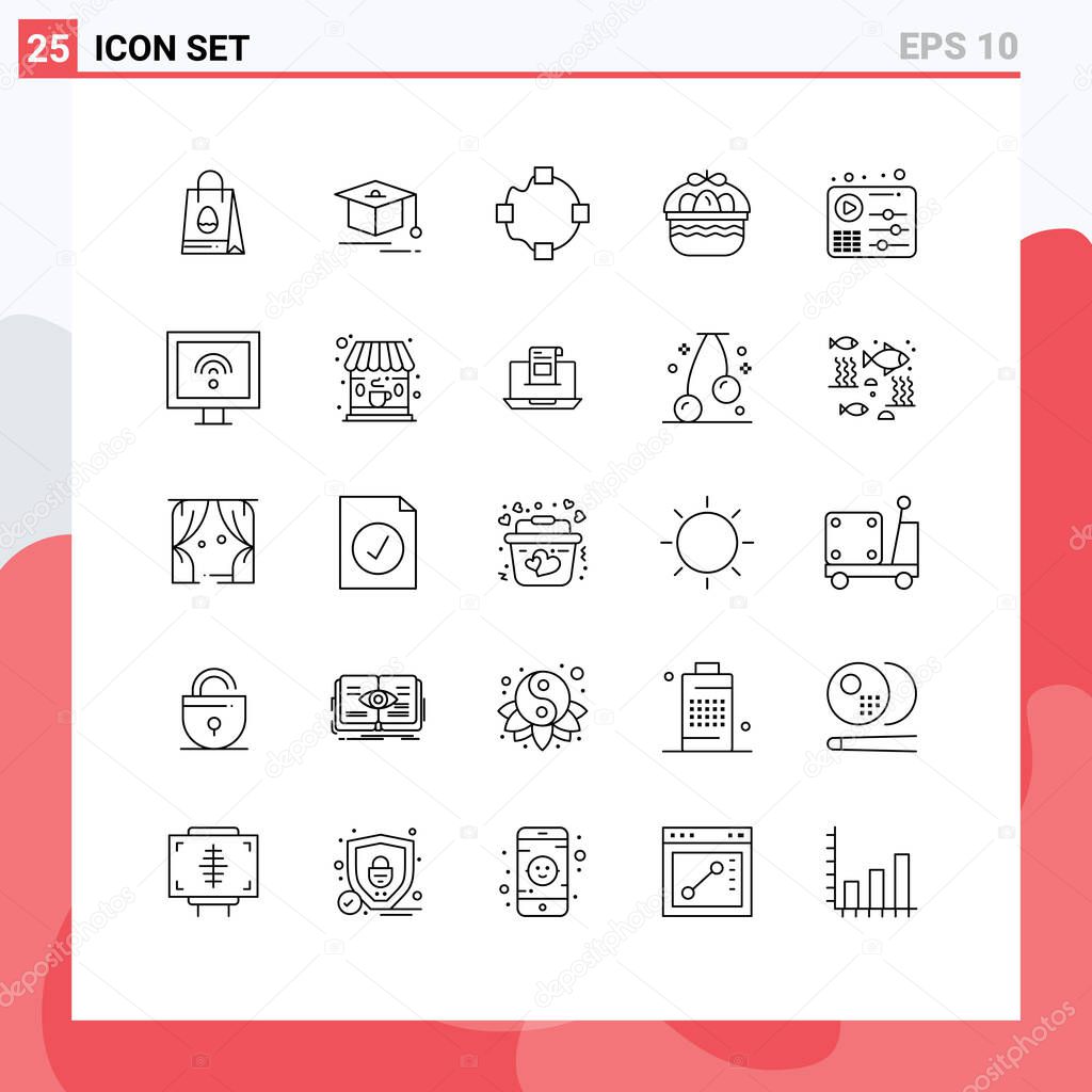 Modern Set of 25 Lines and symbols such as play, equalizer, points, audio, egg Editable Vector Design Elements