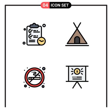 Kontrol listesi, imza, zaman, çadır, hava düzenlenebilir vektör tasarım elementleri için 4 Modern Filledline Düz Renkler Grubu