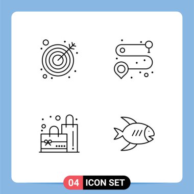4 Tematik Vektör Dosyasının Düz Renkleri ve Okun Düzenlenebilir Sembolleri, Plaj, Nokta, Çanta, Balık Düzenlenebilir Vektör Tasarım Elemanları