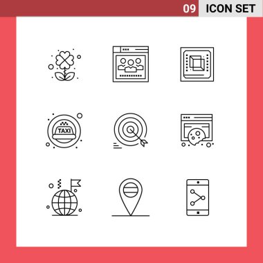 9 Evrensel Tasarım İşaretleri Hedef, dart, bilgisayar, taksi, düzenlenebilir vektör tasarım elementleri