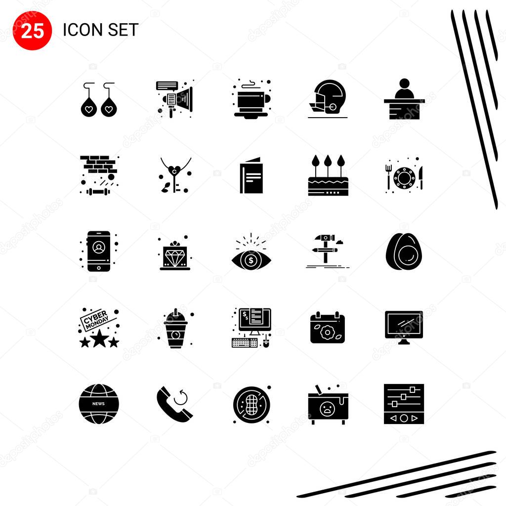 Universal Icon Symbols Group of 25 Modern Solid Glyphs of brick, professor, tea, podium, baseball Editable Vector Design Elements