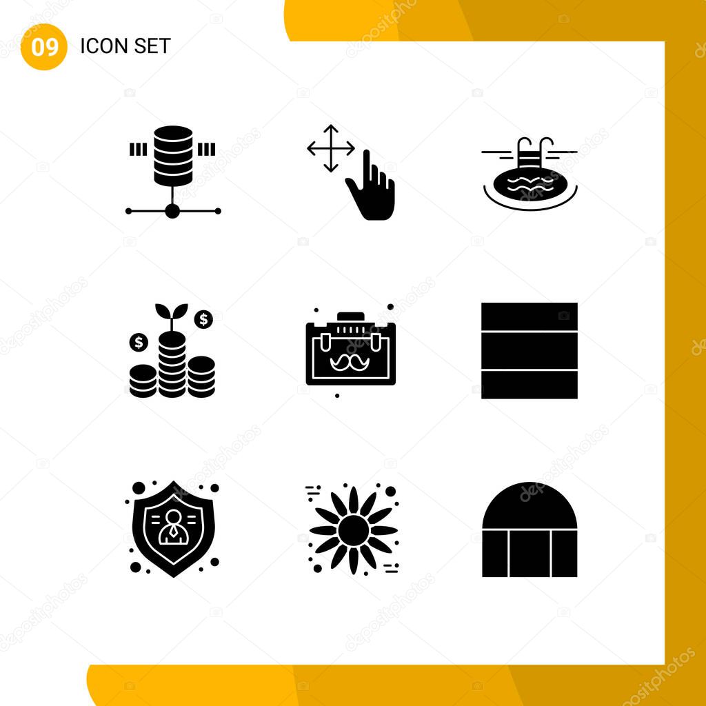 9 Universal Solid Glyphs Set for Web and Mobile Applications travel, business, pool, briefcase, investment Editable Vector Design Elements