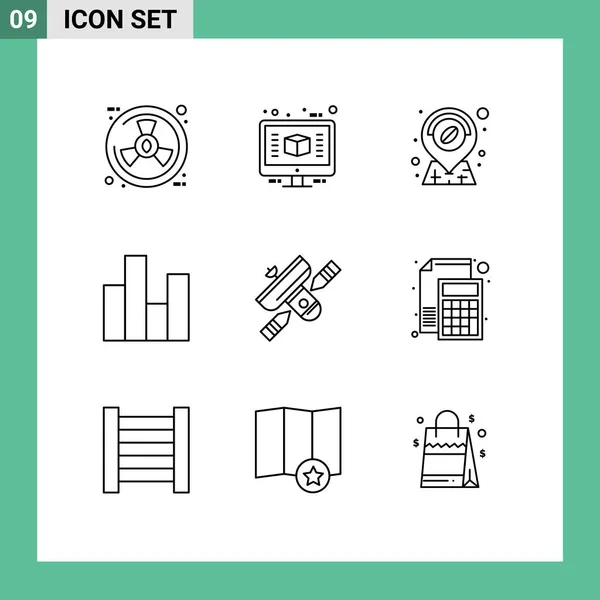 Pictogram Set Simple Outlines Broadcasting Stats Coffee Finance Business Editable — Vetor de Stock