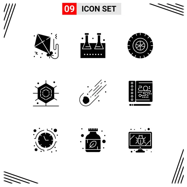 Modern Set Solid Glyphs Symbols Meteor Asteroid Test Tube Spider — Stock Vector