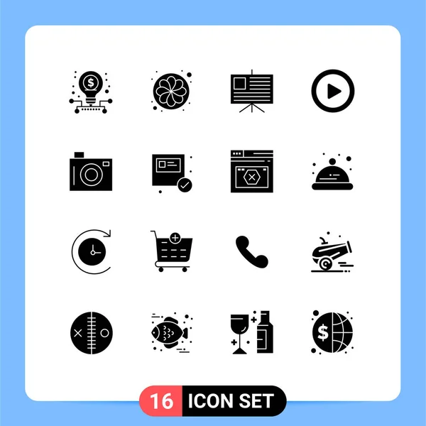 Set Vector Solid Glyphs Grid Picture Holiday Analytics Camera Play — Archivo Imágenes Vectoriales