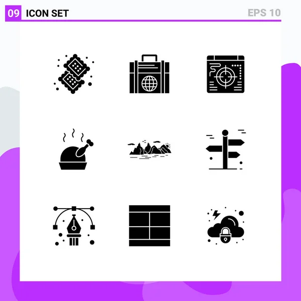 Set Modern Icons Sysymbols Signs Landscape Mountain Globe Roast Turkey — Archivo Imágenes Vectoriales