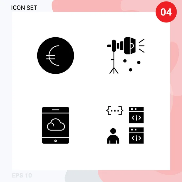 Mobile Interface Solid Glyph Set Pictograms Euro Smartphone Light Studio — Stock Vector