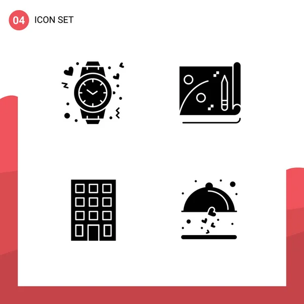 Group Modern Solid Glyphs Set Heart Buildings Time File Dish — Stock Vector