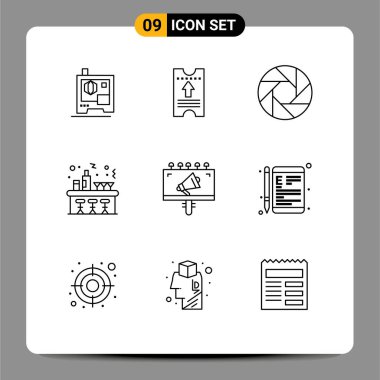 9 Yaratıcı Simge Modern İşaretler ve reklam, kamera, parti, Kutlanabilir Vektör Tasarım Elementleri