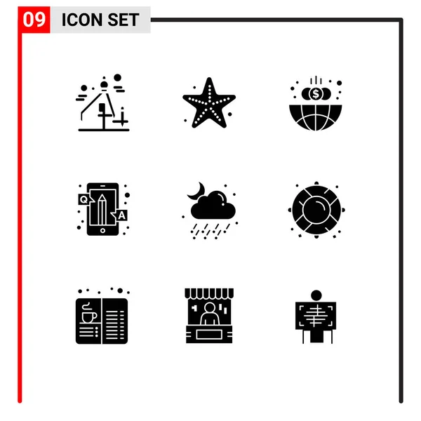 Pictograma Conjunto Simples Glifos Sólidos Chuva Perguntas Finanças Educação Elementos —  Vetores de Stock