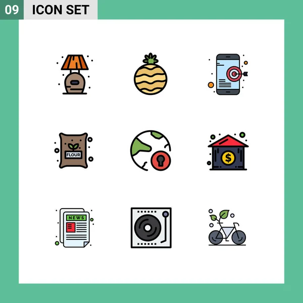 Set Modern Icons Sysymbols Signs Padlock Internet Target Global Ingredients — Vector de stock