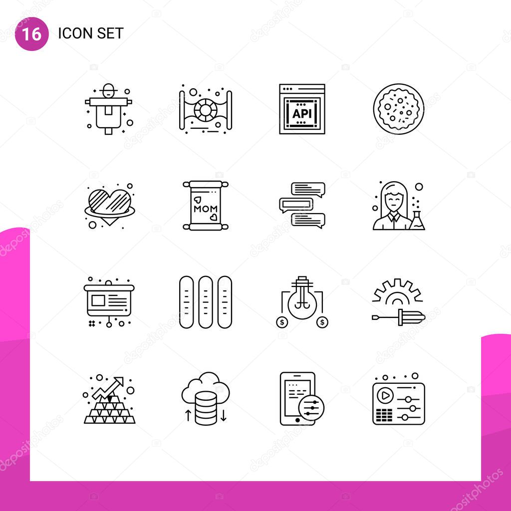 User Interface Pack of 16 Basic Outlines of love, angle, api concept, restaurant, pepperoni Editable Vector Design Elements